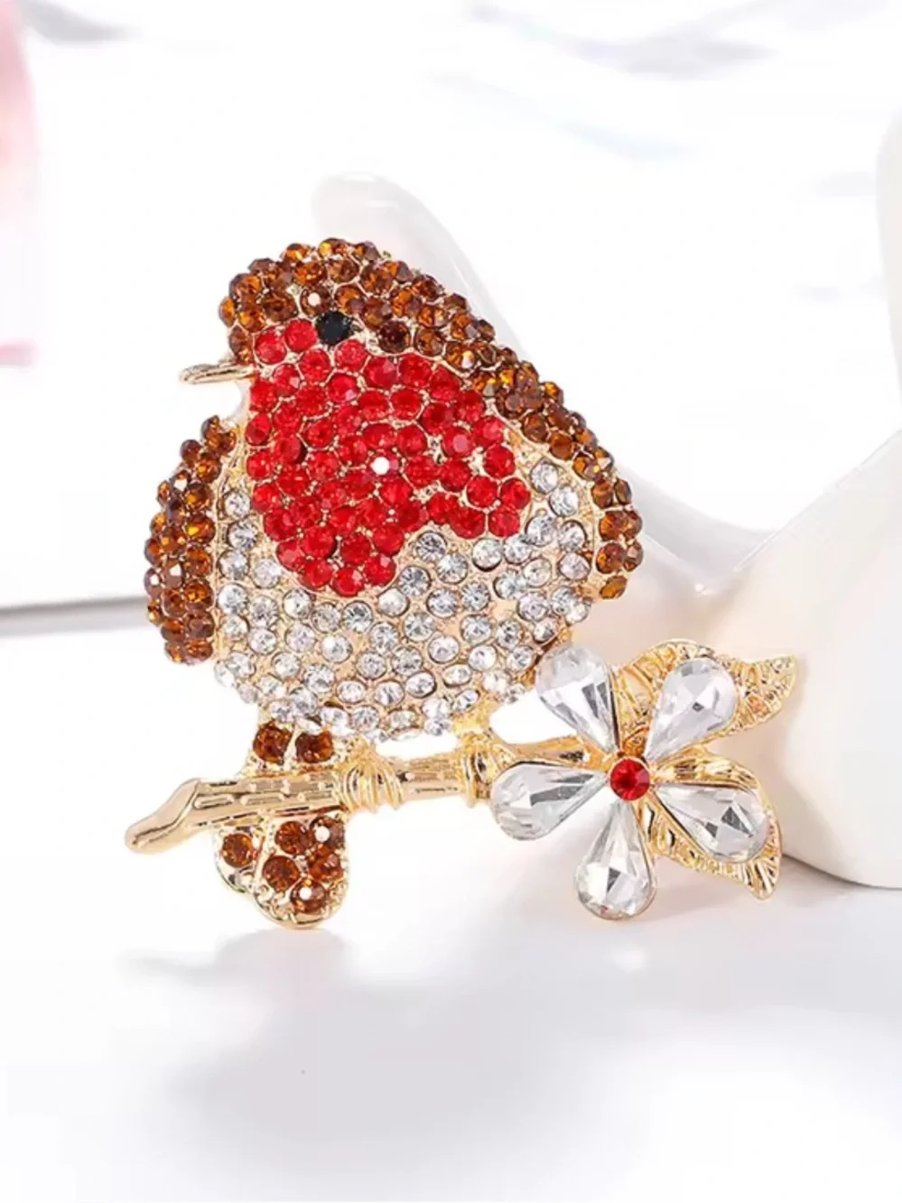 Crystal Robin Bird Floral Brooch
